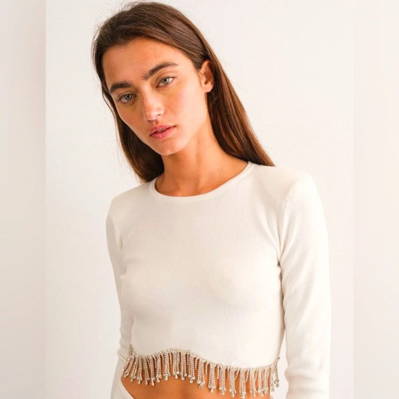 Lizette Collection Tops - The Dixie Beige Rhinestone Fringe Long Sleeve Crop Top Disco Cowgirl Swifties L
